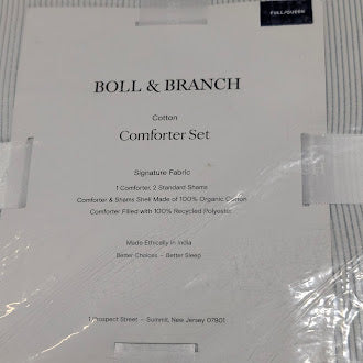 BOLL & BRANCH ORGANIC COTTON COMFORTER & SHAM SET FULL/QUEEN - WHITE/SHORE - Like New