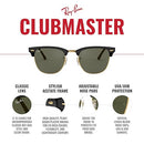 RAY-BAN UNISEX CLUBMASTER CLASSIC SQUARE SUNGLASSES RB3016 - BLACK/GOLD/GREEN - Brand New