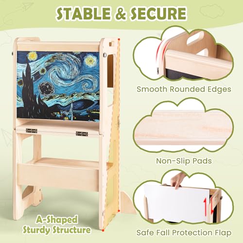 WOODURE 4-IN-1 TODDLER KITCHEN STEP STOOL, FOLDABLE LEARN, WOOD - WOOD - Like New