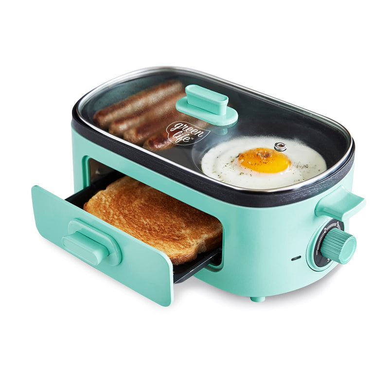 GreenLife 3-in-1 Breakfast Station, Ceramic Nonstick Dual Griddles - Turquoise Like New