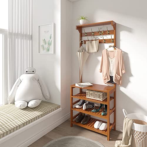 AKTOP ENTRYWAY COAT RACK SHOE STORAGE 4 IN 1 HALL TREE STORAGE 4T - NATURAL - Like New