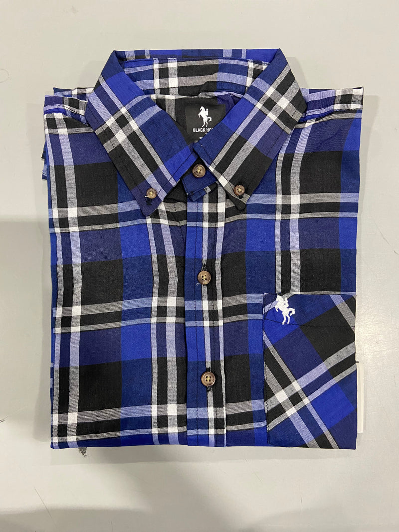 BLACK HORSE MEN'S WOVEN PLAID SHIRT SMALL - BLUE/LIGHT BLUE/VIOLET/BLACK/WHITE - Brand New