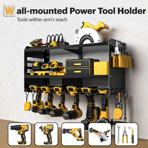 SPAMPUR POWER TOOL ORGANIZER WALL MOUNT WITH 6 CORDLESS DRILL HOLDER - BLACK - Brand New