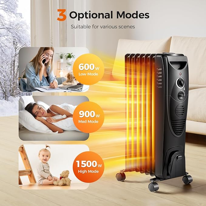 Kismile Portable Electric Radiator Heater Oil Filled 3 Heat 1500W - BLACK - Like New