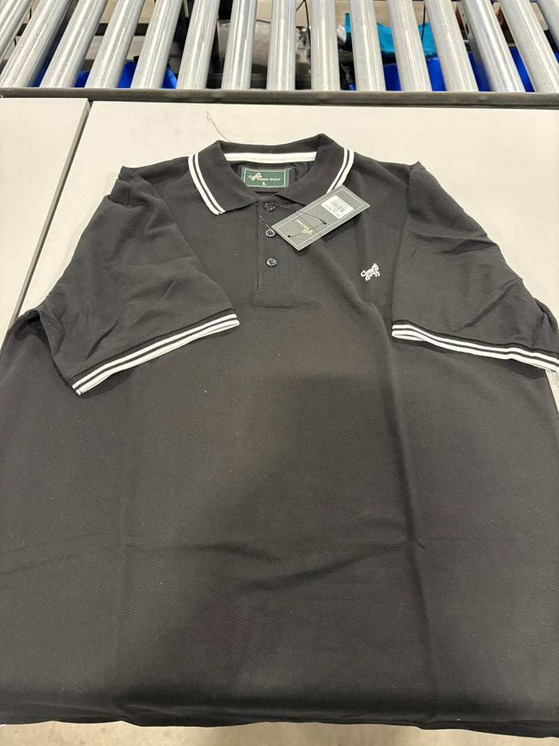 TIGER WOLF 3 BUTTON POLO SHIRT - SIZE: MEN L - BLACK/WHITE - Brand New