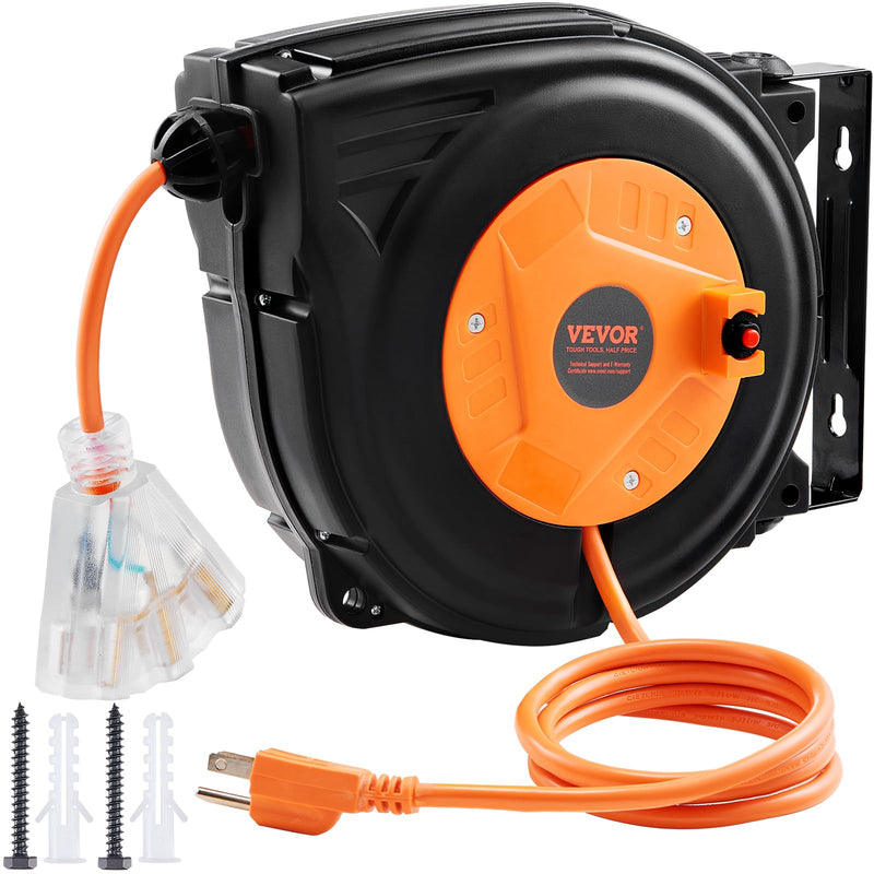VEVOR RETRACTABLE EXTENSION CORD REEL, 30 FT, HEAVY DUTY, NAE-B10 - BLACK/ORANGE - Like New
