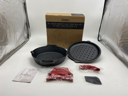 CUISINEL 10" Cast Iron Skillet & Braiser Lid, Silicone Handles CBR-10-CL - BLACK - Like New