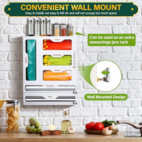KOCWELL BAG ORGANIZER PLASTIC WRAP DISPENSER WITH CUTTER, 6 IN 1 KITCHEN - WHITE - Brand New