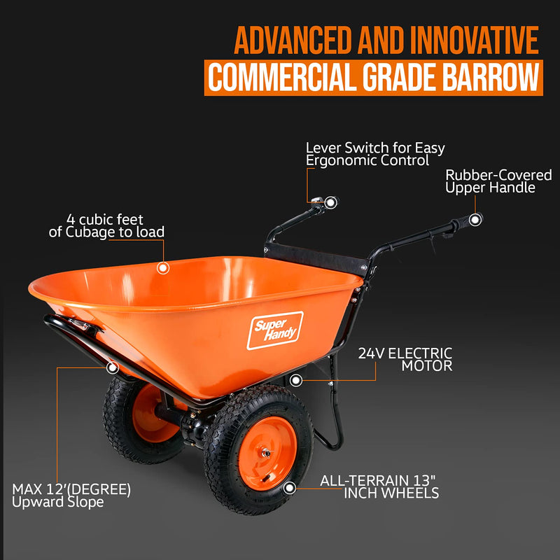Cardinal Wheelbarrows SuperHandy Electric Wheelbarrow Utility Cart - 24V DC, 330lbs Load Cap ...