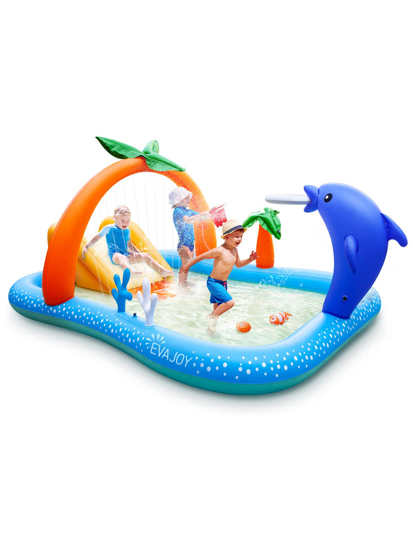 EVAJOY KIDDIE POOL INFLATABLE PLAY CENTER KIDDIE POOL WITH SLIDE 95''X75''- BLUE Like New