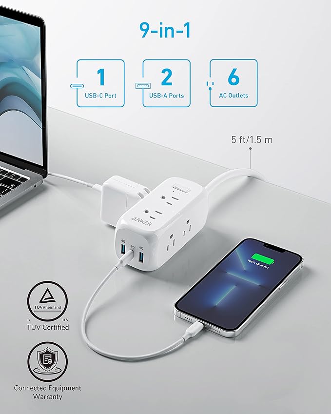 Anker 332 USB C Power Strip Surge Protector 300J 6 Outlets 20W A9169 - White - Like New