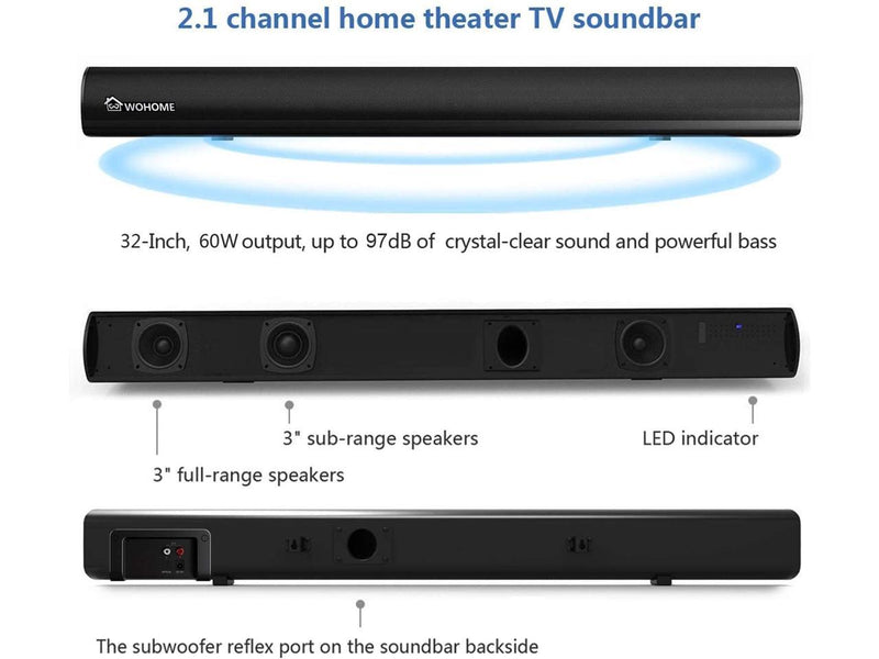 Wohome S05 Sound Bar for TVs, with Bluetooth 5.0 Optical AUX RCA - BLACK Like New