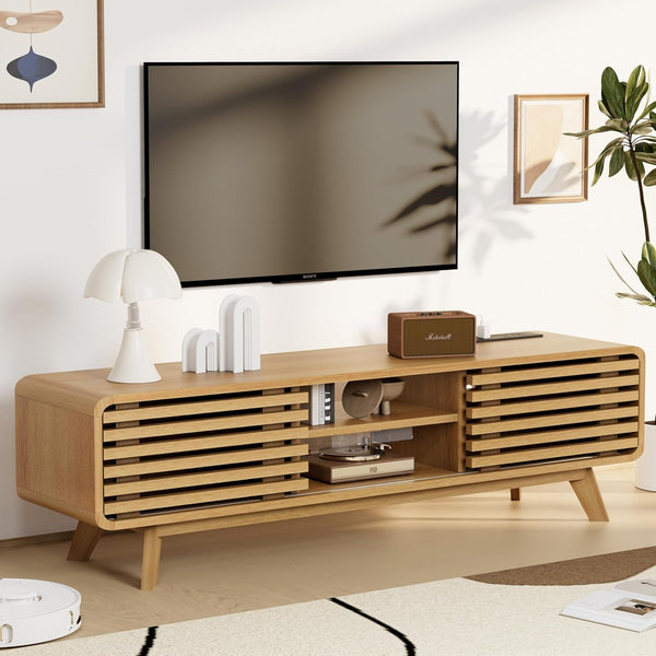 CHILIHOM MODERN TV STAND WITH SLATTED SLIDING DOORS AND OPEN SHELVES, WOOD GRAIN - Like New