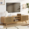 CHILIHOM MODERN TV STAND WITH SLATTED SLIDING DOORS AND OPEN SHELVES, WOOD GRAIN - Like New