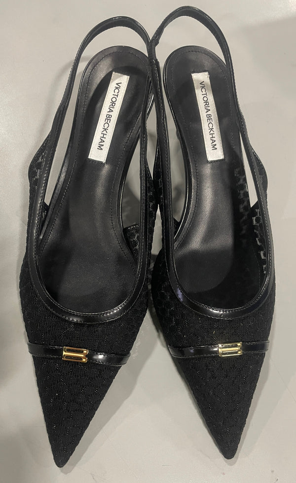 VICTORIA BECKHAM,LEATHER-TRIMMED MESH SLINGBACK PUMPS SIZE: WOMEN 9 - BLACK - Like New