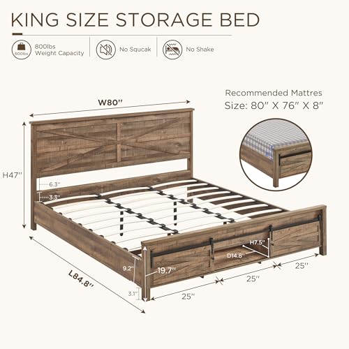 KING FARMHOUSE WOOD BED FRAME SLIDING BARN DOOR STORAGE CABINETS - LIGHT BROWN - Like New