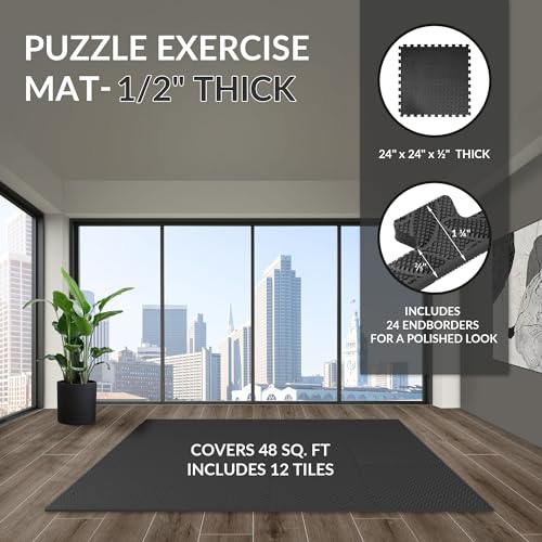 SIGNATURE FITNESS PUZZLE EXERCISE MAT WITH EVA FOAM INTERLOCKING TILES - BLACK - Like New