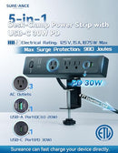 SUREANCE 50W Desk Clamp Power Strip with USB-C 30W PD, SA-J3-PD30 - Black - Like New