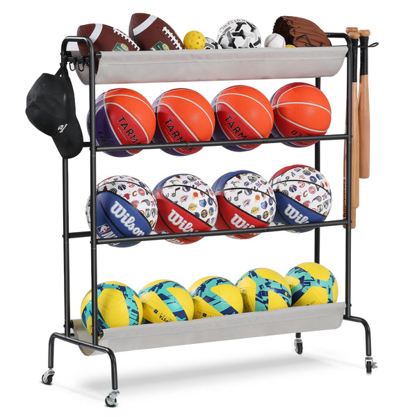 HOLBRETT BASKETBALL RACK ROLLING BALL STORAGE STAND WITH BASEBALL BT - BLACK - Like New