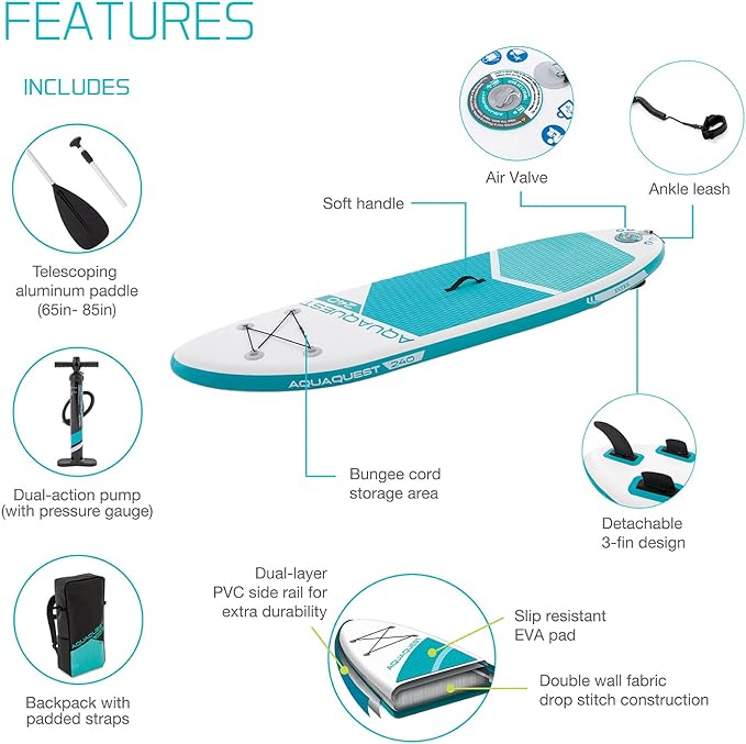 INTEX 8' AquaQuest 240 Inflatable Paddle Board Package 68241EP - AQUA AND WHITE Like New