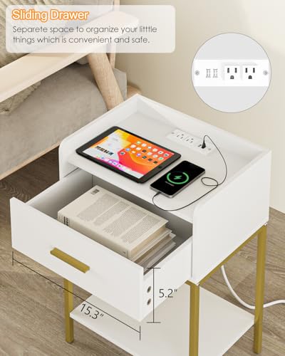 OIIOKUKU NIGHTSTAND WITH CHARGING STATION BEDSIDE TABLE HZ1086 - WHITE - Like New