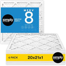 SIMPLY 20"X21"X1" AIR FILTER, MERV 8, 6 PACK SF20X21X1-6PKM08 - WHITE - Brand New