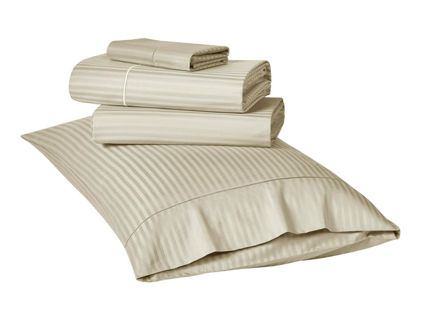 KATHY IRELAND 500 THREAD COUNT DAMASK STRIPE SHEET SET WITH OPTIFIT - BEIGE - Like New