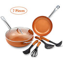 SHINEURI 7 Pieces Cookware Set 12" Woks with Lid 9.5" Frying Pans 4 Utensils - Brand New