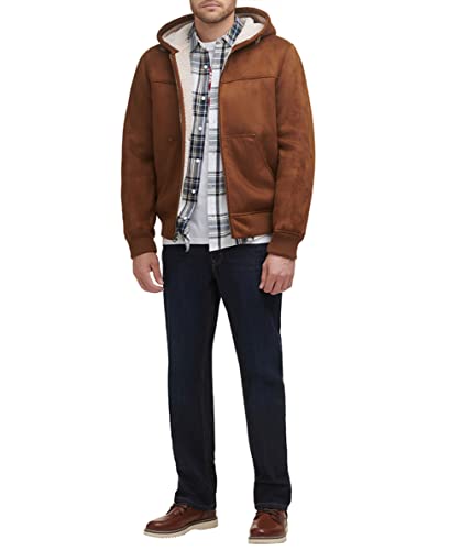 LEVI'S MEN'S BUFFED COW LEATHER HOODY BOMBER BROWN FAUX SHEARLING-BROWN-L - Brand New