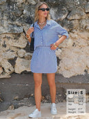 EXLURA WOMENS SUMMER 2PCSSTRIPED LONG SLEEVE BUTTON SHIRTS  SKIRT SIZE: S - BLUE - Like New