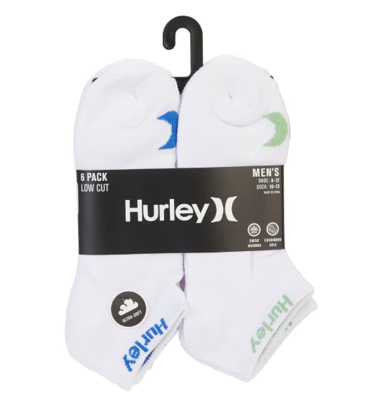 HURLEY MENS 6-PR. LOW CUT SOCKS - SIZE: MEN 10-13 - WHT/BRIGHT - Brand New