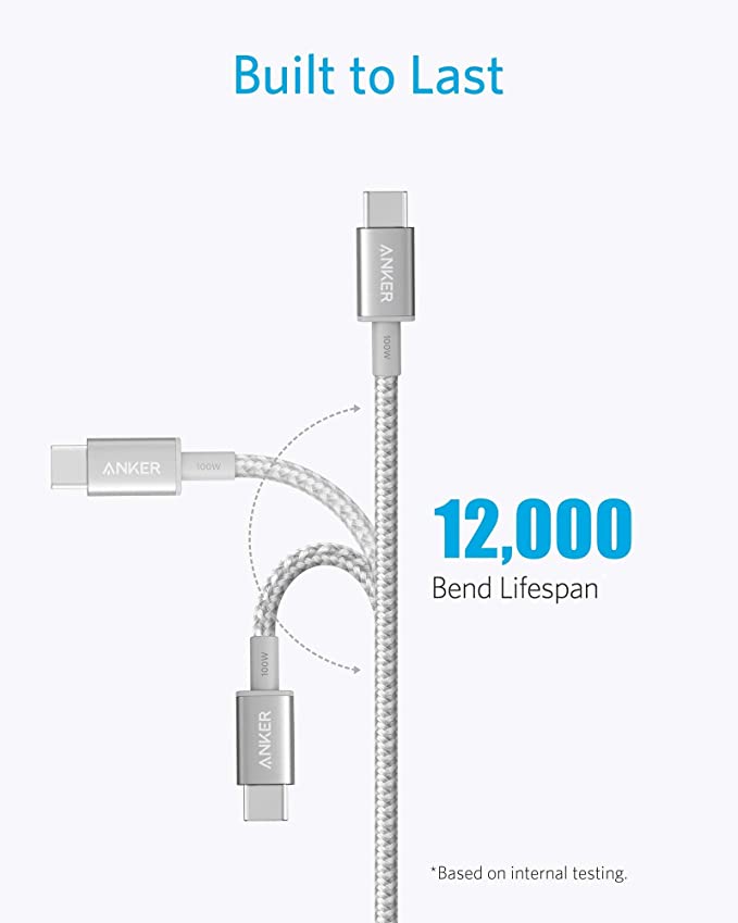 Anker New Nylon USB C to USB C Cable 100W Fast Charge Heavy Duty 10ft - Silver - Brand New