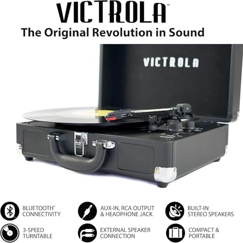 VICTROLA JOURNEY+ BLUETOOTH SUITCASE RECORD PLAYER MATCHING RECORD STAND BLACK - Like New