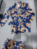 ARWSER WOMEN'S SILK SATIN PAJAMAS 4 PCS FLORAL SILKY PJ SETS SMALL - BLUE/GOLD - Like New