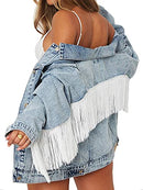 Eliacher Women's Boyfriend Denim Jacket Long Sleeve Coats (L, Fringe Trim) - Like New