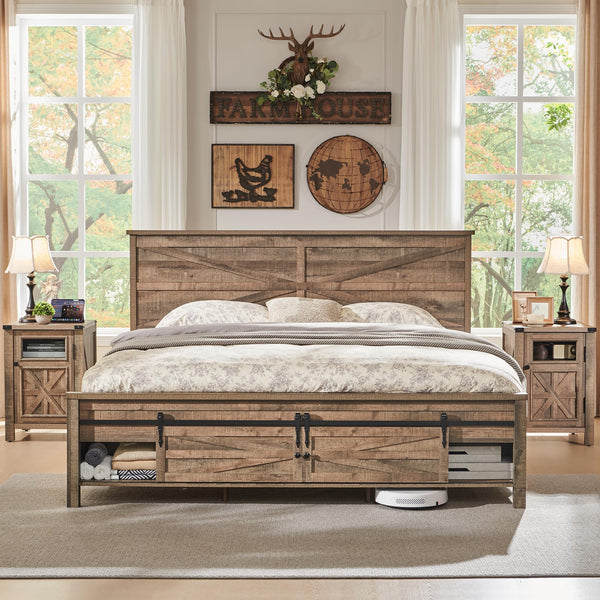 KING FARMHOUSE WOOD BED FRAME SLIDING BARN DOOR STORAGE - Scratch & Dent