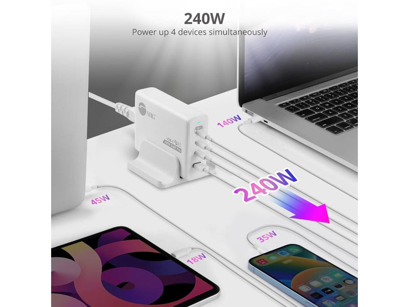 SIIG 240W GaN PD 3.1 Charger - 3C1A - 3x USB-C + 1x USB-A - White  AC-PW1X11-S1