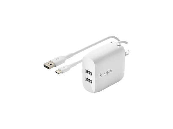 BELKIN WCD002dq1MWH White BOOST CHARGE Dual USB-A Wall Charger 24W + Braided