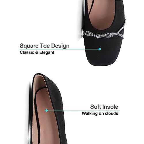 HEE GRAND SQUARE TOE BALLET FLATS RHINESTONES CHAINS BLACK SUEDE WOMEN SIZE 10 - Like New