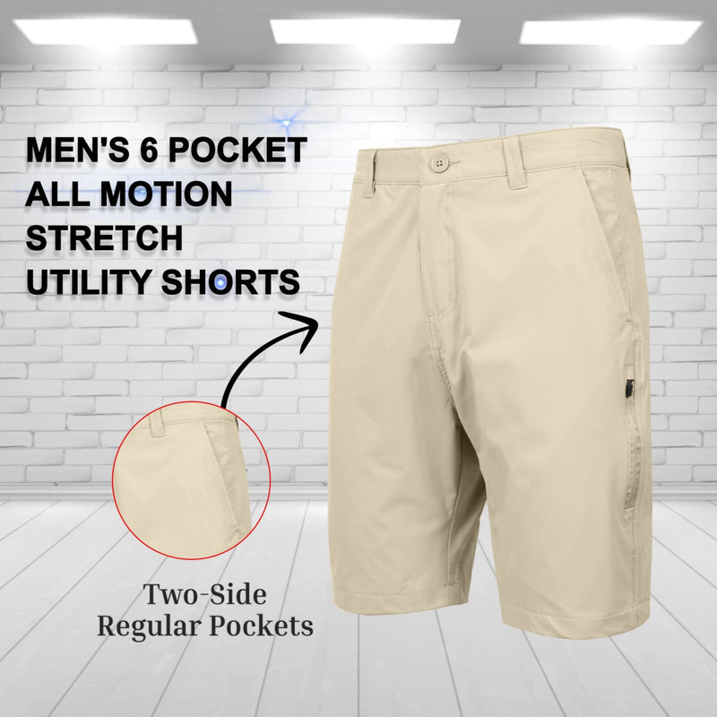 BLUE ROCK MEN’S 6-POCKET ALL MOTION STRETCH UTILITY SHORTS - SIZE: 34 - KHAKI - Brand New