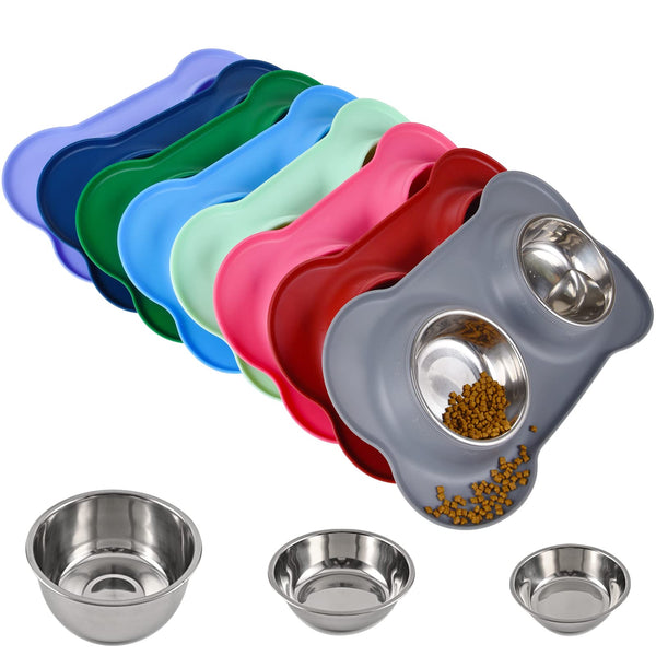 JUQIBOOM DOG BOWLS 2 STAINLESS STEEL BOWL WITH NON SPILL SKID - GRAY - Like New