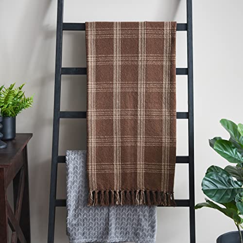 Creative Co-Op Recycled Cotton Blend Throw Blanket with Fringe, Brown Plaid - Like New