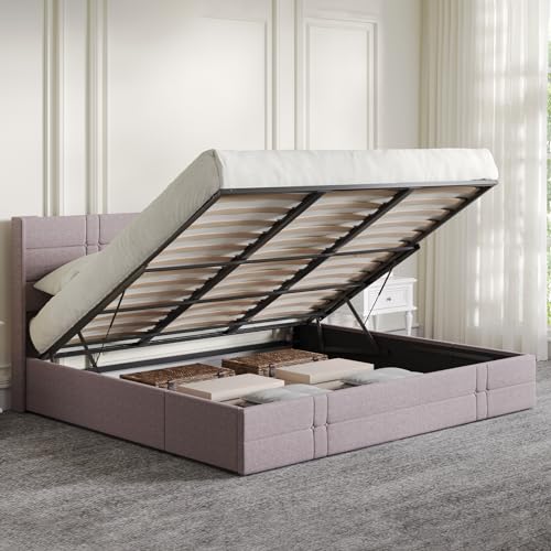 NOVILLA KING SIZE LIFT UP STORAGE BED FABRIC HEADBOARD HYDRAULIC STORAGE - BEIGE - Like New