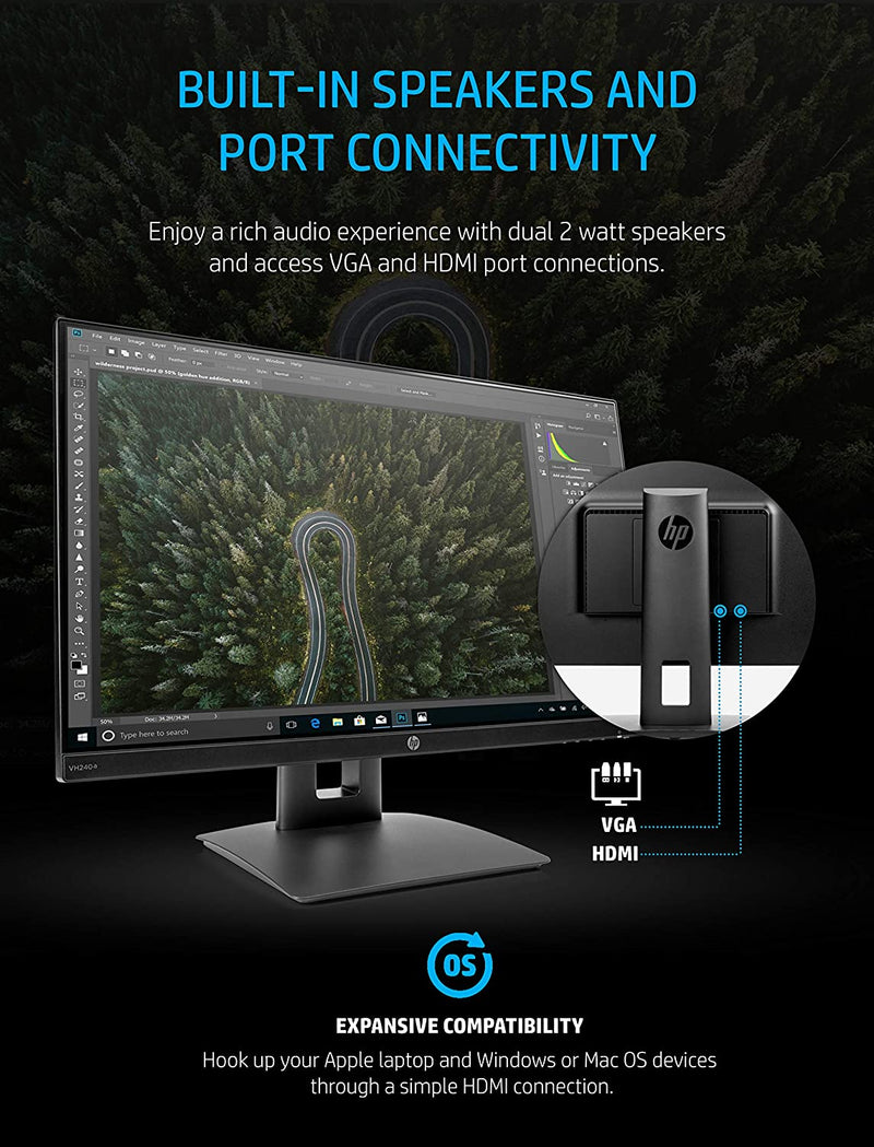 HP 23.8" FHD IPS LED Monitor Built-In Speakers VH240A VESA 1KL30AA - Black - Like New