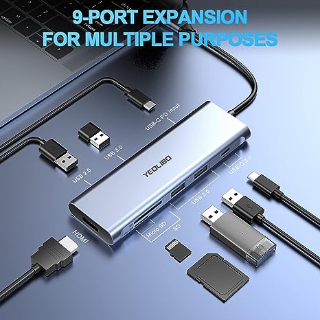 Yeolibo 9-in-1 USB C Hub Multiport Adapter 4K HDMI 100W SD RU9A - GREY - Like New