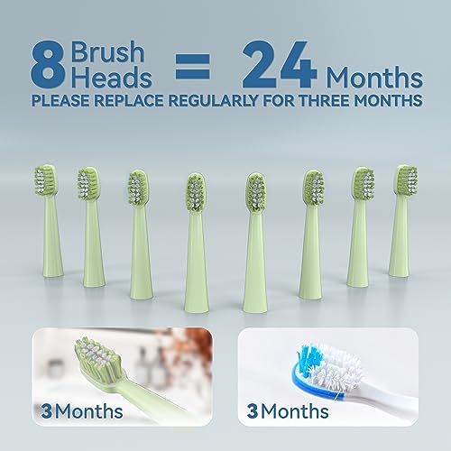 7AM2M Sonic Electric Toothbrush 8 Brush Heads 5 Modes 4H Fast Charge AM106 Green Like New