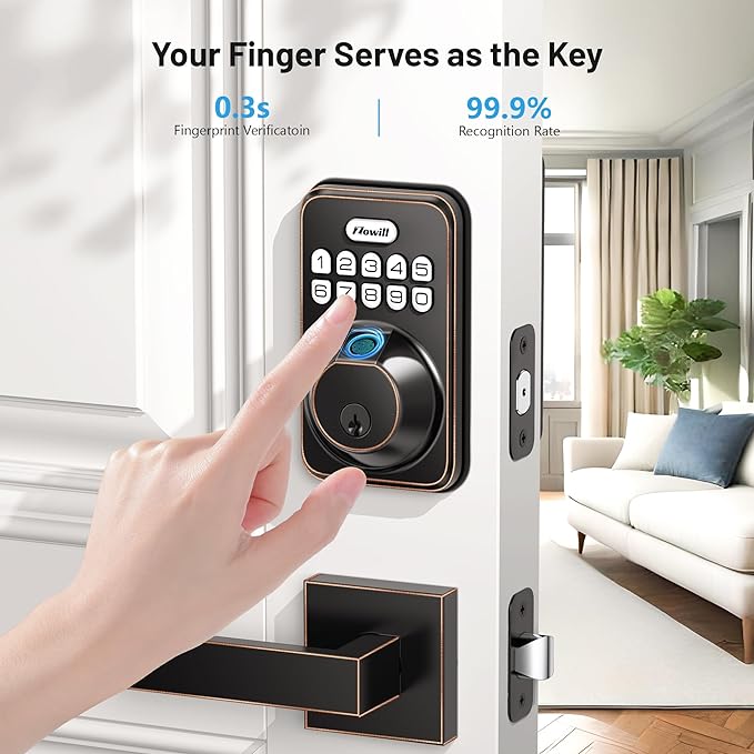 Zowill Fingerprint Front Door Lock Set 2 Handles Auto Lock & One-Touch Lock Like New