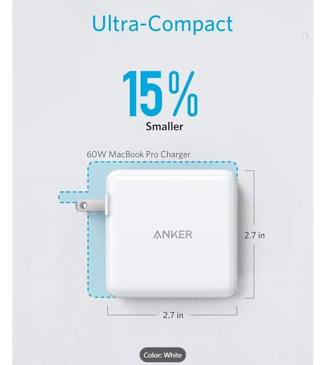 ANKER 60W 2-PORT POWERPORT ATOM PD 2 GAN COMPACT FOLDABLE WALL CHARGER - WHITE - Like New