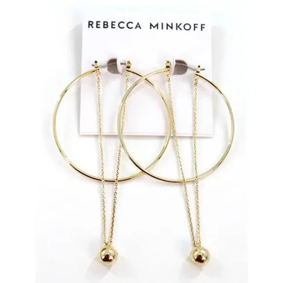REBECCA MINKOFF GOLD HOOP & CHAIN BALL DANGLE EARRINGS - GOLD - Brand New