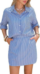 EXLURA WOMENS SUMMER 2PCSSTRIPED LONG SLEEVE BUTTON SHIRTS  SKIRT SIZE: S - BLUE - Like New